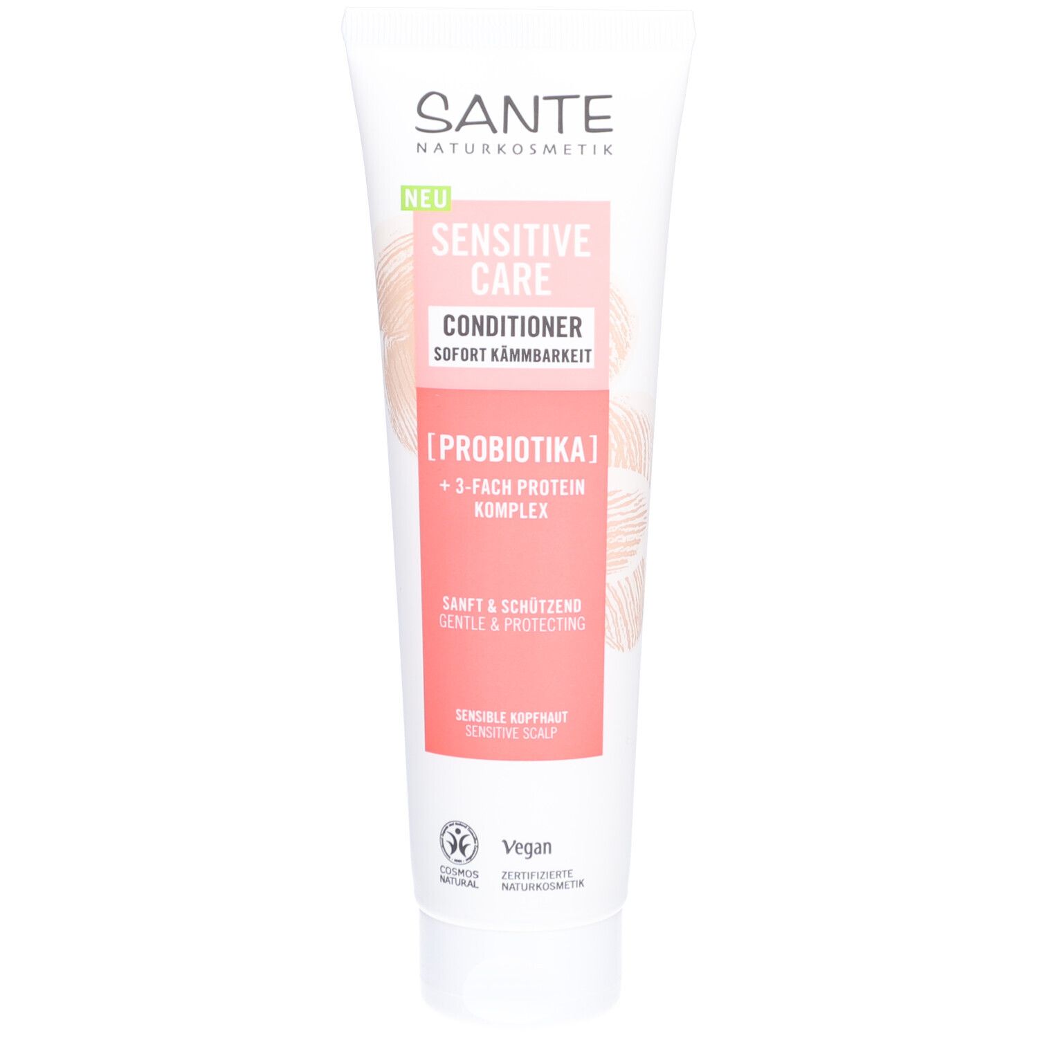 Weiße Tube mit SANTE-Logo und Aufschrift 'Sensitive Care Conditioner'. Rosa Feld mit Produktinformationen und Vegan-Siegel.