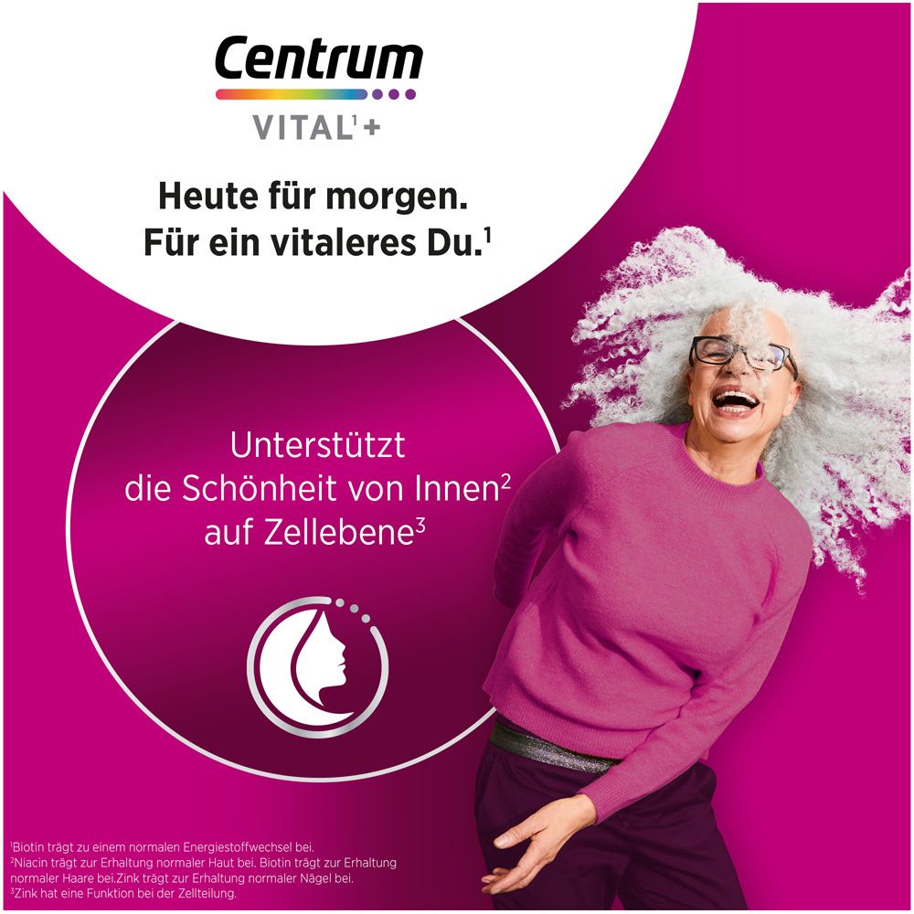 Frau lacht. Text: Unterstützt die Schönheit von Innen auf Zellebene. Logo: Centrum Vital+.