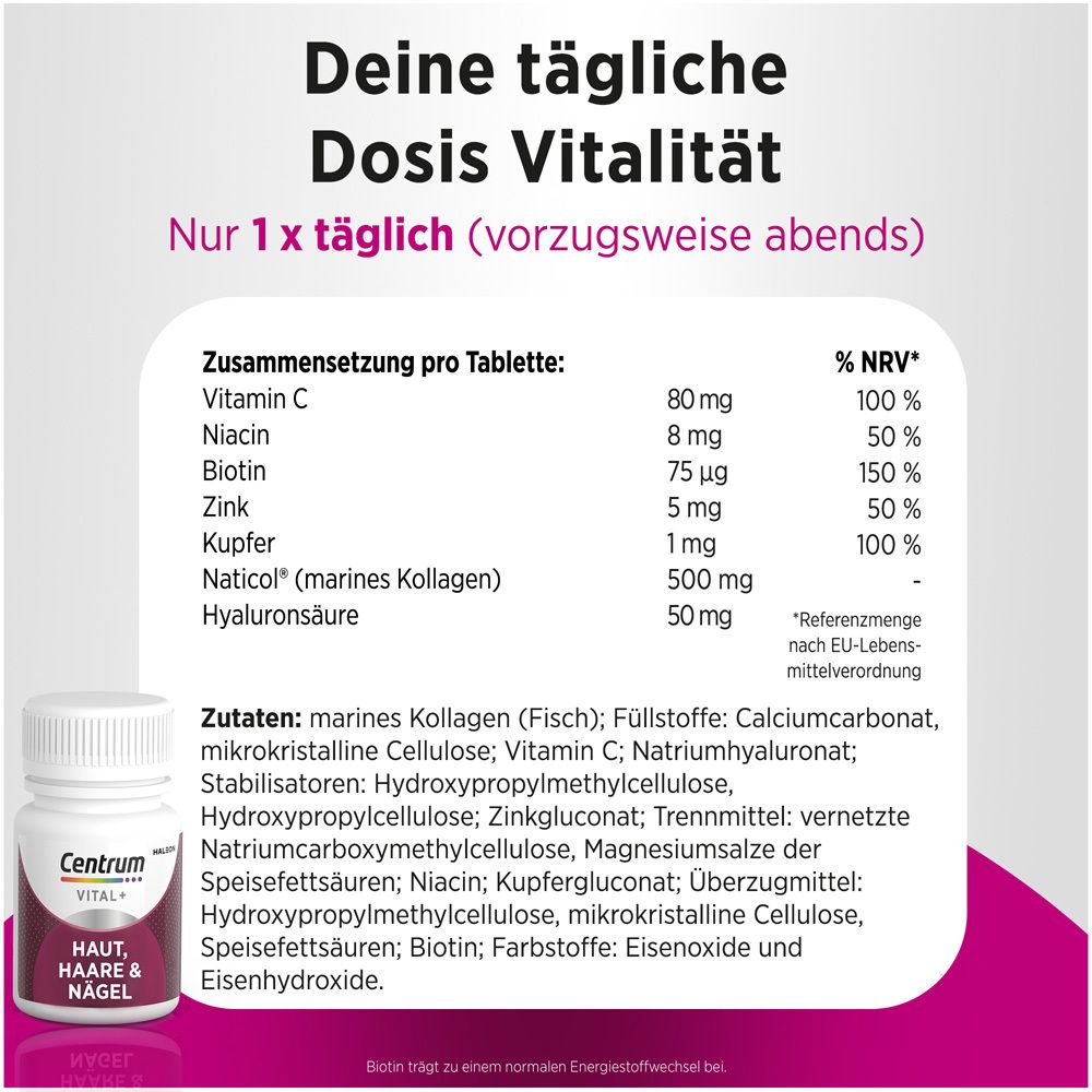Tabelle mit Inhaltsstoffen pro Tablette: Vitamin C, Niacin, Biotin, Zink, Kupfer, Naticol, Hyaluronsäure. Flasche Centrum Vital+.