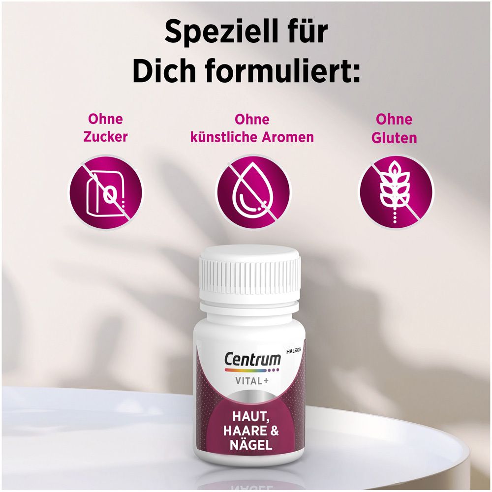 Flasche Centrum Vital+ Haut, Haare & Nägel. Ohne Zucker, künstliche Aromen und Gluten.