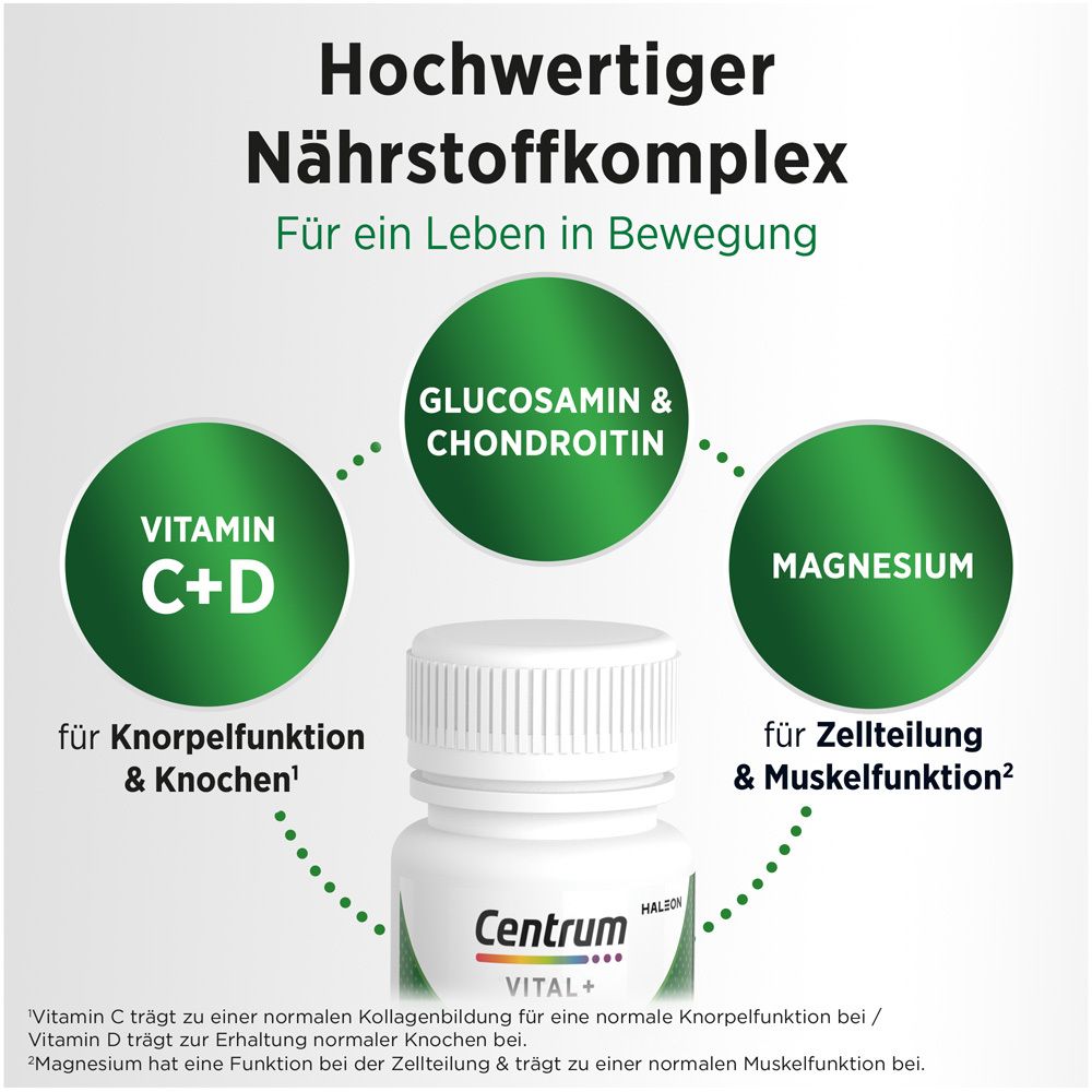 Weiße Flasche Centrum Vital+ mit grünen Kreisen. Inhaltsstoffe: Vitamin C+D, Glucosamin & Chondroitin, Magnesium.