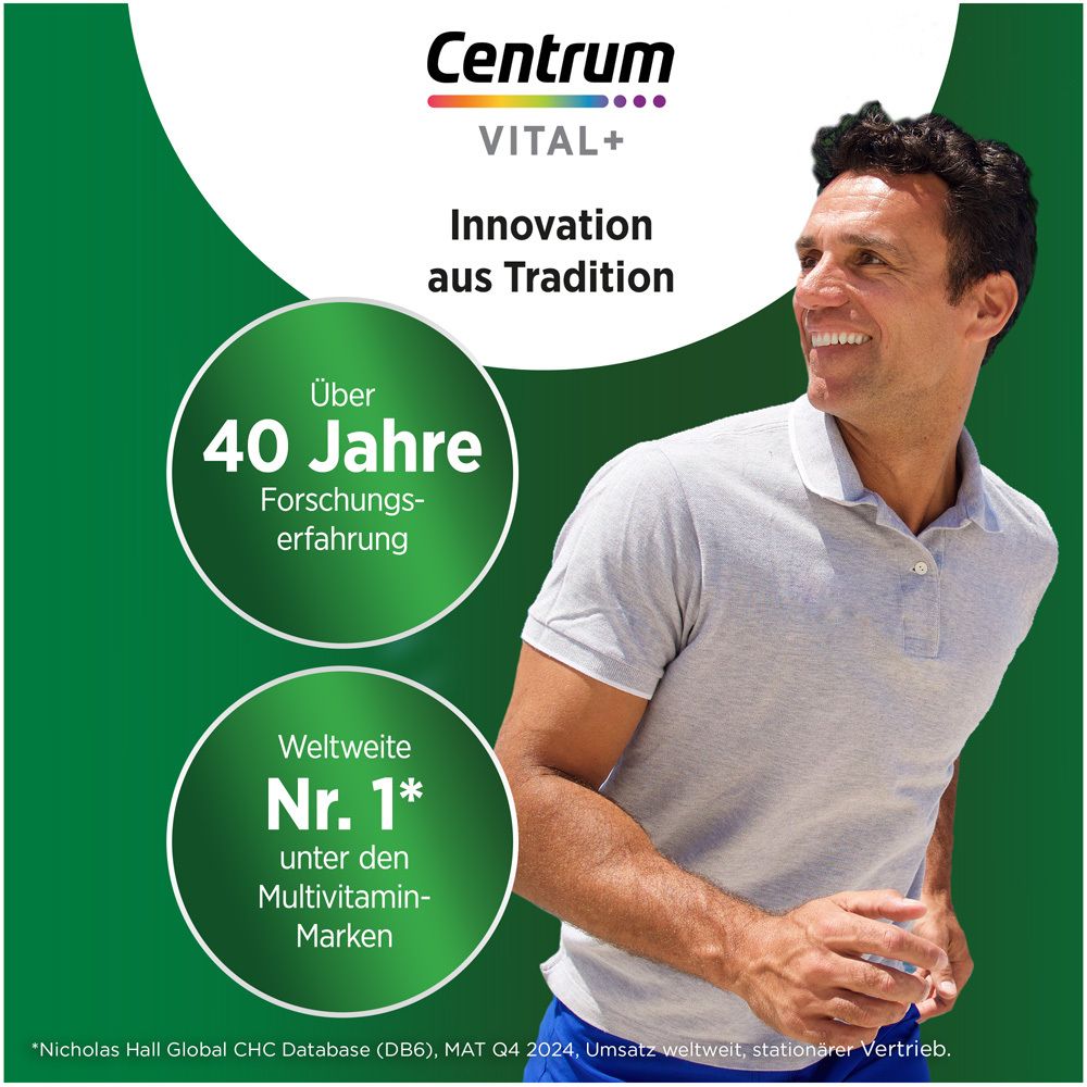 Mann lächelt. Text: Über 40 Jahre Forschungserfahrung. Weltweite Nr. 1 unter den Multivitamin-Marken.