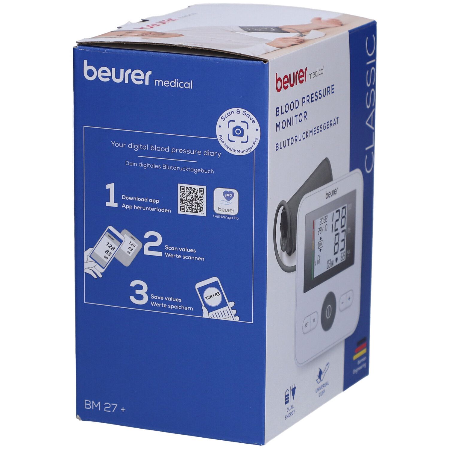 Verpackung mit Blutdruckmessgerät. Illustrationen: App-Download, Scannen, Speichern. Text: Beurer, Dein digitales Blutdrucktagebuch.