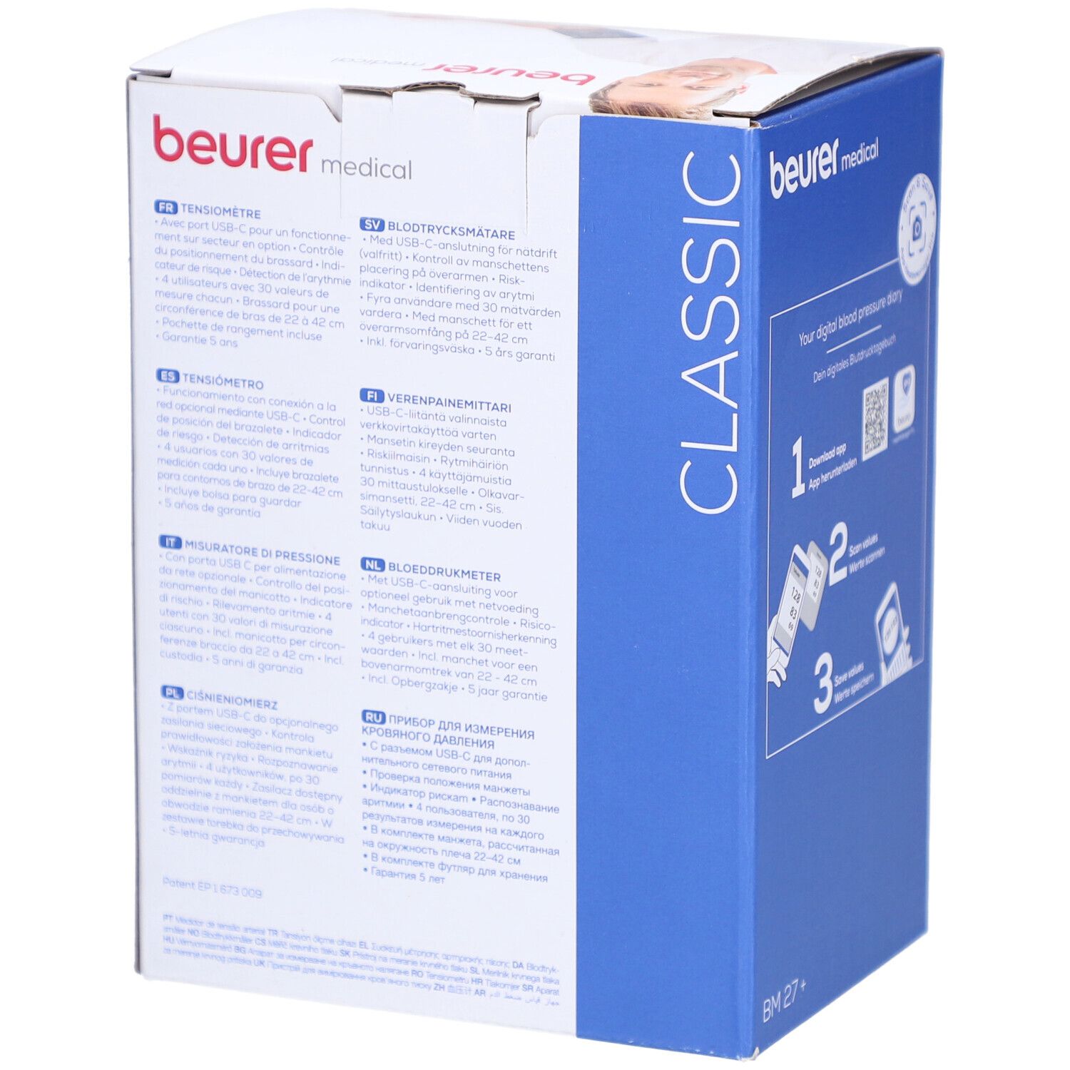 Rückseite der Verpackung. Text in mehreren Sprachen. Illustrationen: App-Download, Scannen, Speichern. Logo: Beurer.
