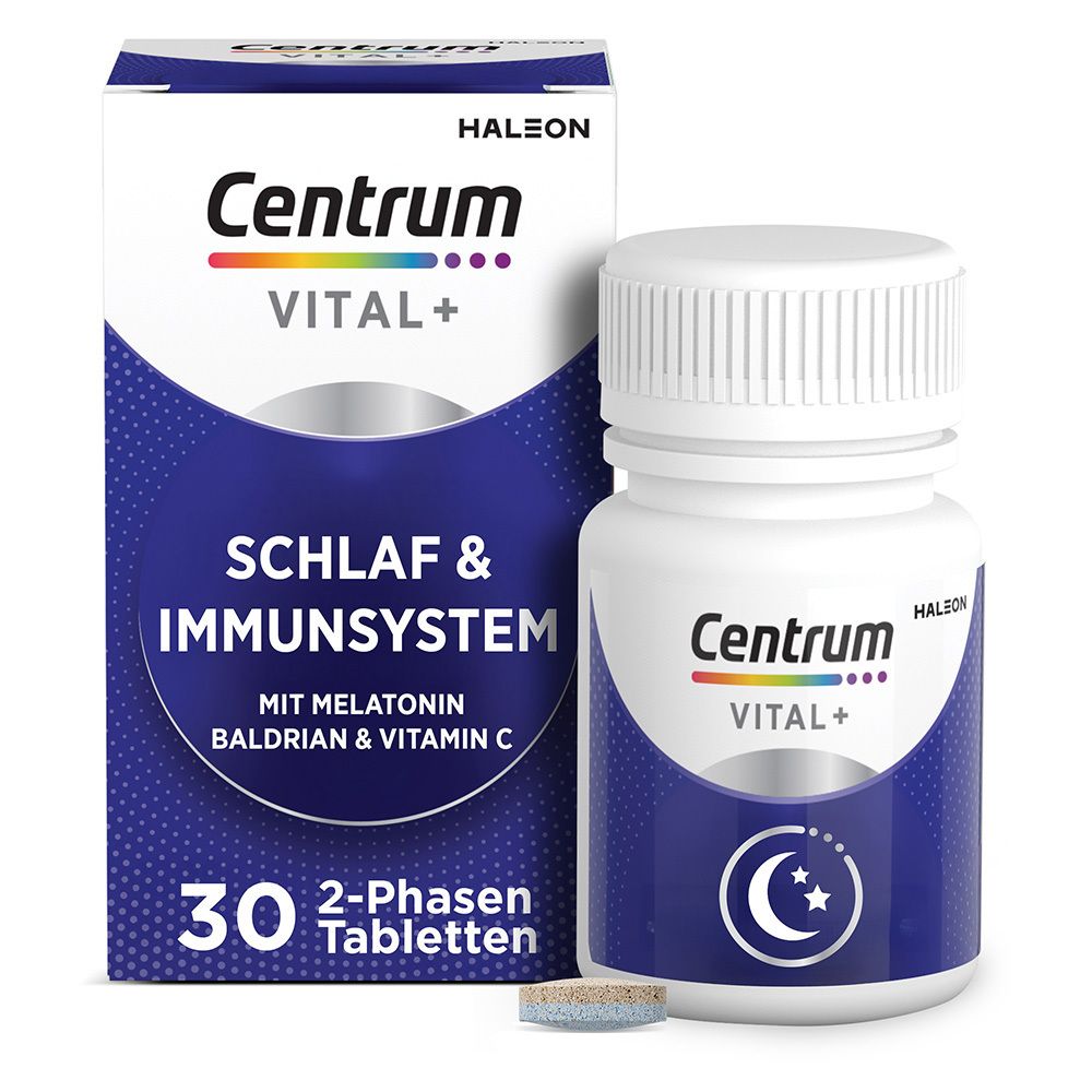 Centrum Vital+ Schlaf & Immunsystem. Weiße Flasche und Verpackung. 30 Tabletten. Mond-Symbol.