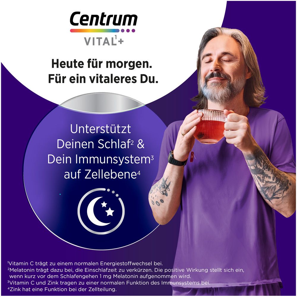 Mann trinkt Tee. Text: Unterstützt Schlaf & Immunsystem auf Zellebene. Mond-Symbol.