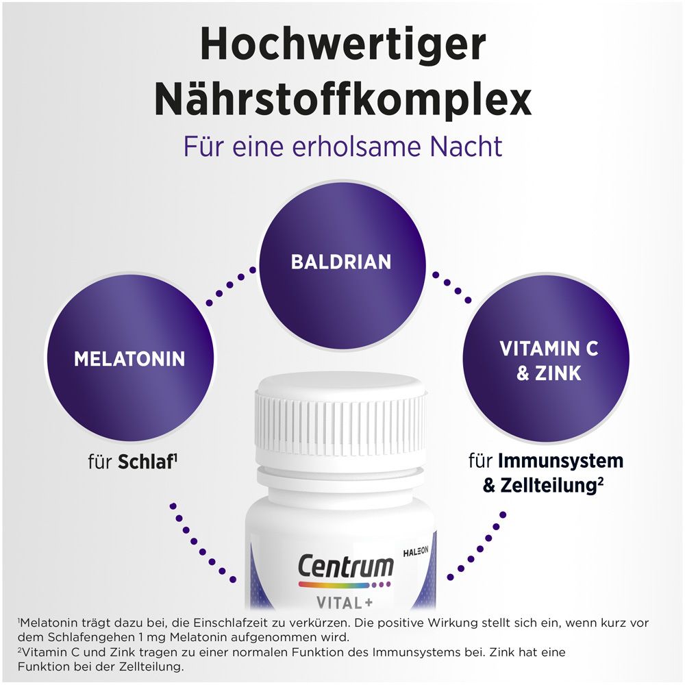 Nährstoffkomplex mit Melatonin, Baldrian, Vitamin C & Zink. Weiße Flasche.