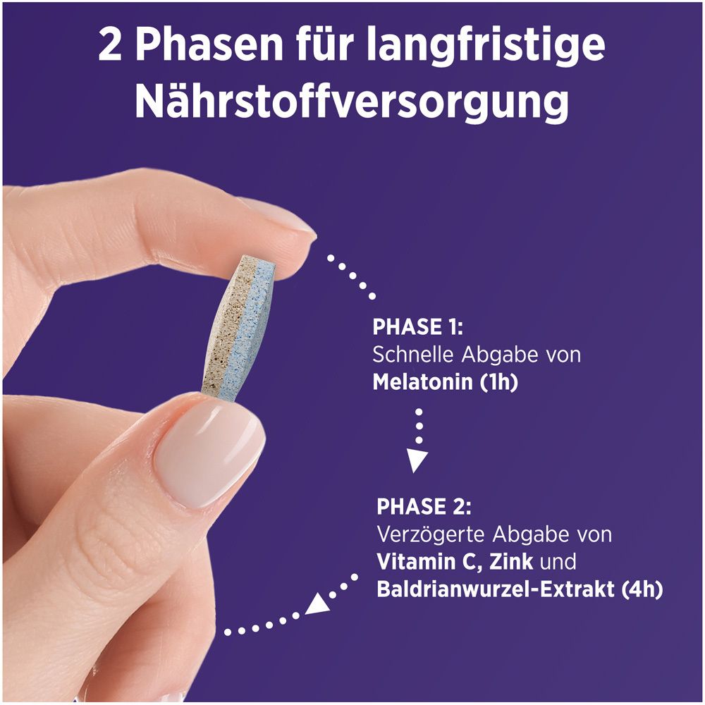 Hand hält Tablette. Zwei-Phasen-Tablette. Phase 1: Melatonin. Phase 2: Vitamin C, Zink, Baldrian.