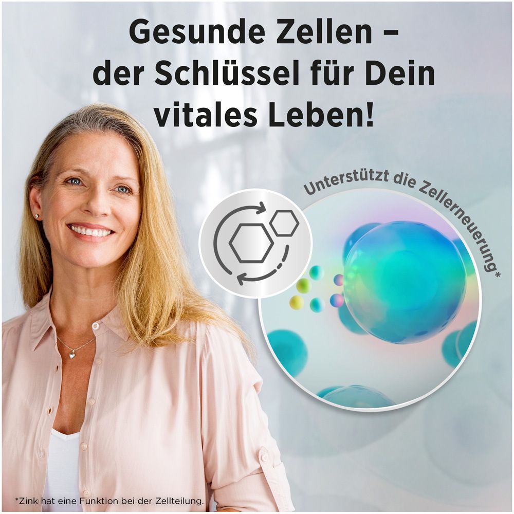 Frau lächelt. Text: Gesunde Zellen - der Schlüssel für Dein vitales Leben! Zellerneuerung.