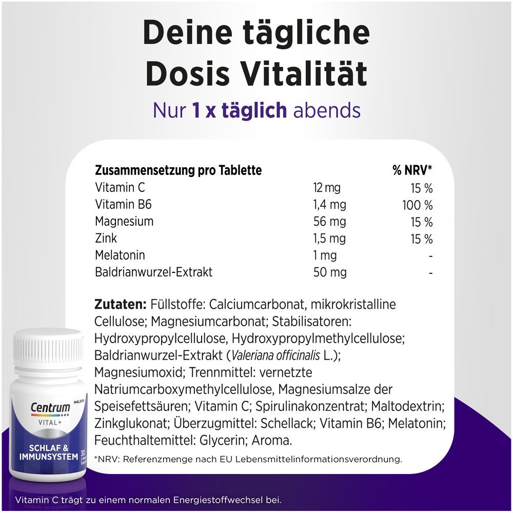 Tabelle mit Inhaltsstoffen: Vitamin C, B6, Magnesium, Zink, Melatonin, Baldrian. Weiße Flasche.