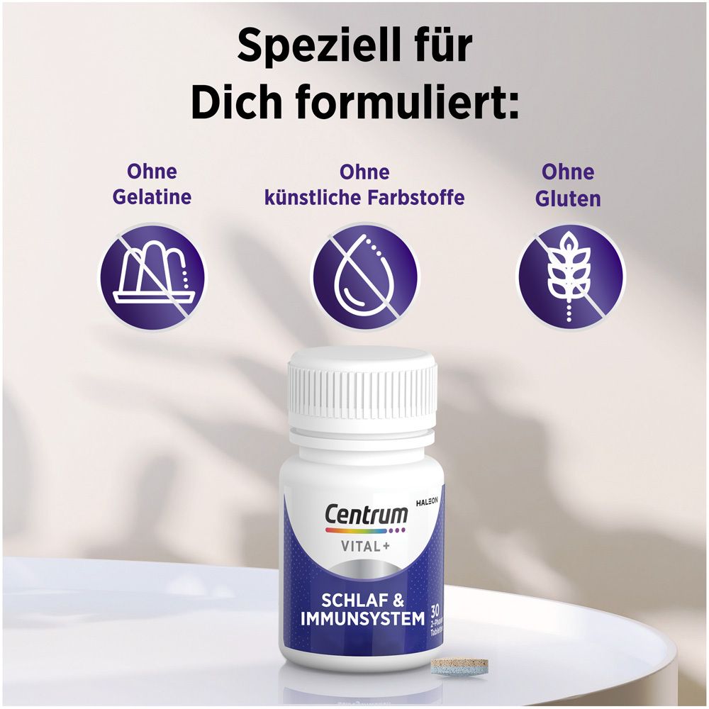 Weiße Flasche mit Tabletten. Ohne Gelatine, künstliche Farbstoffe, Gluten. Mond-Symbol.