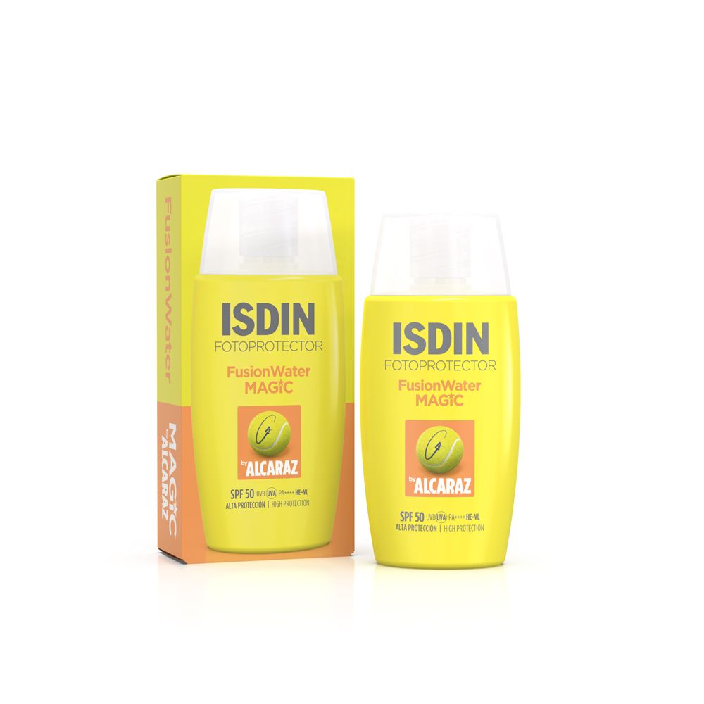 ISDIN FusionWater MAGIC Alcaraz Sonnencreme LSF 50. Gelbe Flasche und Verpackung. Tennisball-Logo.