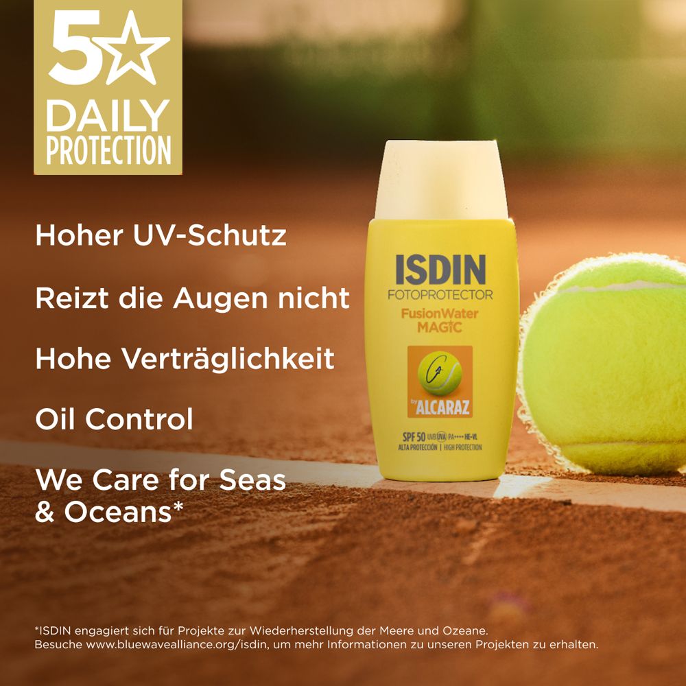 ISDIN FusionWater MAGIC Alcaraz neben Tennisball. Text: Hoher UV-Schutz, Oil Control.