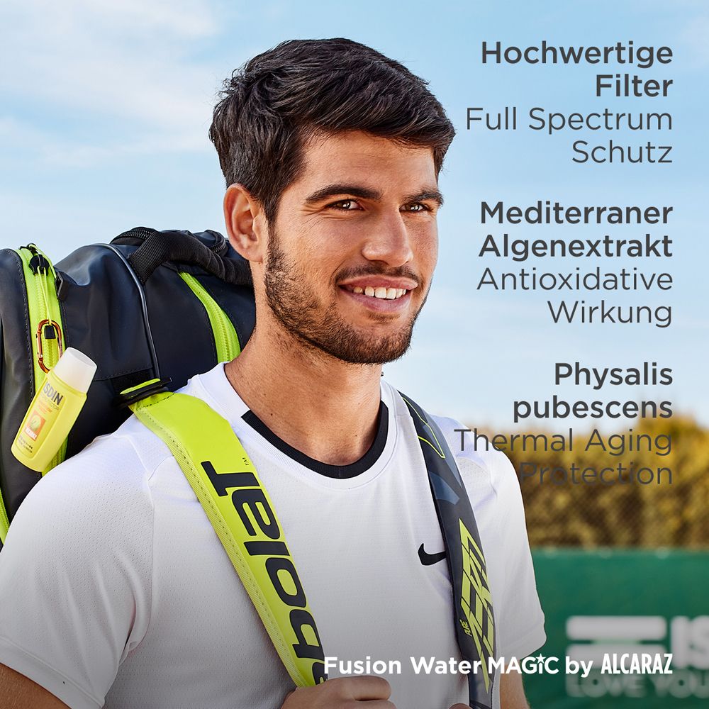 Mann mit Sonnencreme und Tasche. Text: Hochwertige Filter, mediterraner Algenextrakt.