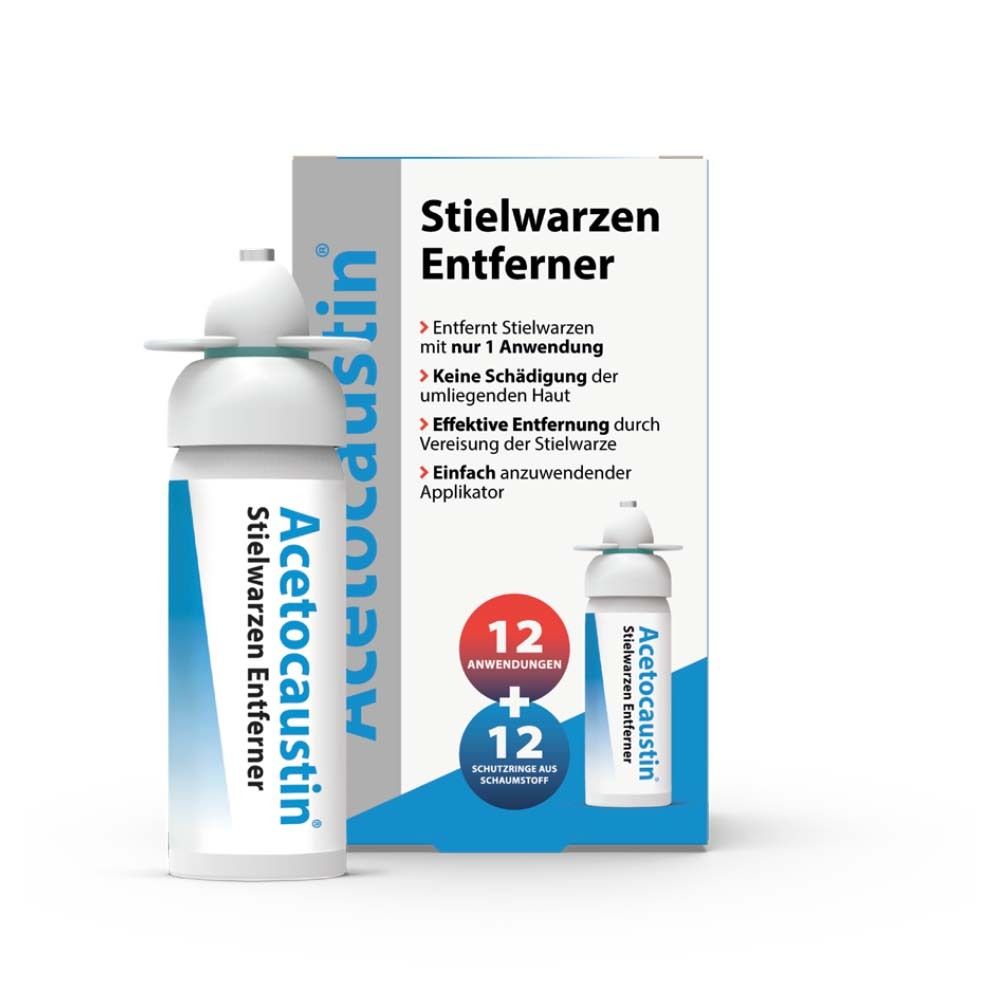 Acetocaustin Stielwarzen Entferner mit Applikator. Verpackung mit 12 Anwendungen und Schutzringen.