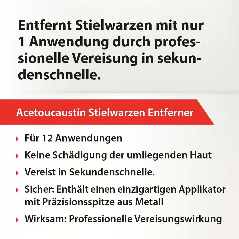 Text: Acetocaustin Stielwarzen Entferner. Informationen zur Anwendung und Vorteile des Produkts.