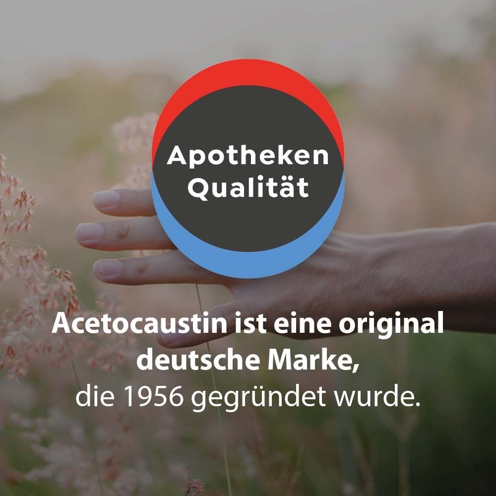 Qualitätszeichen Apotheken Qualität. Text: Acetocaustin ist eine deutsche Marke, gegründet 1956.