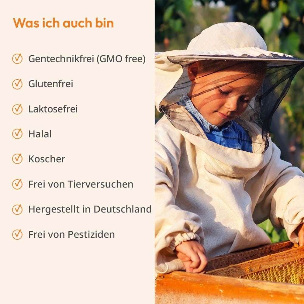 Infografik: Weitere Eigenschaften. Gentechnikfrei, glutenfrei, laktosefrei, halal, koscher, ohne Tierversuche, hergestellt in Deutschland.