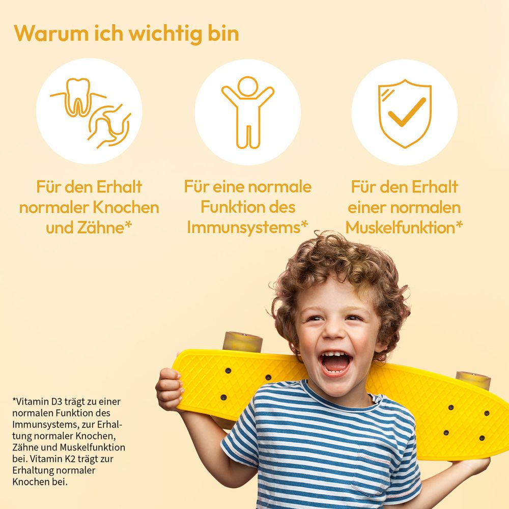Kind mit Skateboard. Text: Für Knochen, Immunsystem und Muskeln. Vitamin D3 und K2. Gelber Hintergrund.