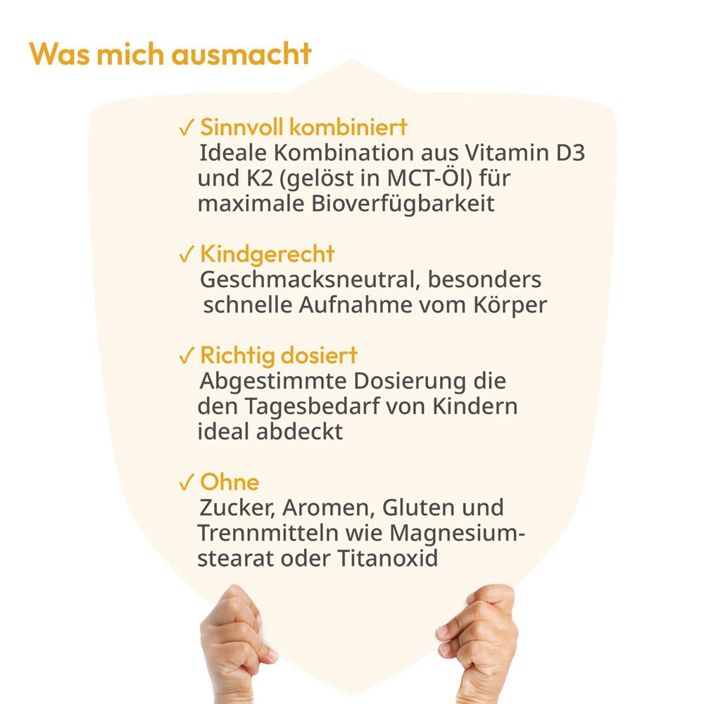 Text auf gelbem Schild. Sinnvoll kombiniert, kindgerecht, richtig dosiert, ohne Zucker, Aromen, Gluten.