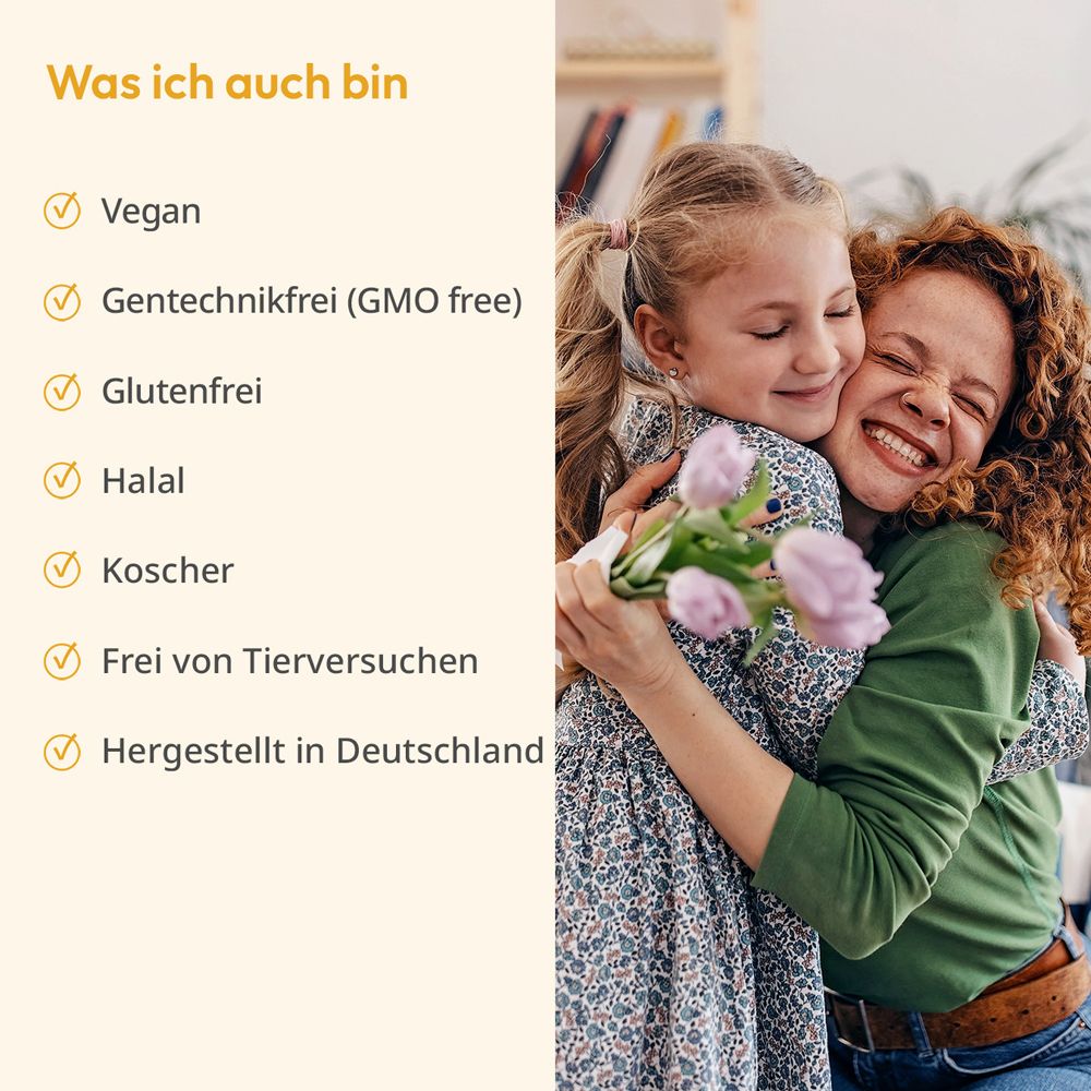 Frau umarmt Kind. Text: Vegan, gentechnikfrei, glutenfrei, halal, koscher, tierversuchsfrei, hergestellt in Deutschland.