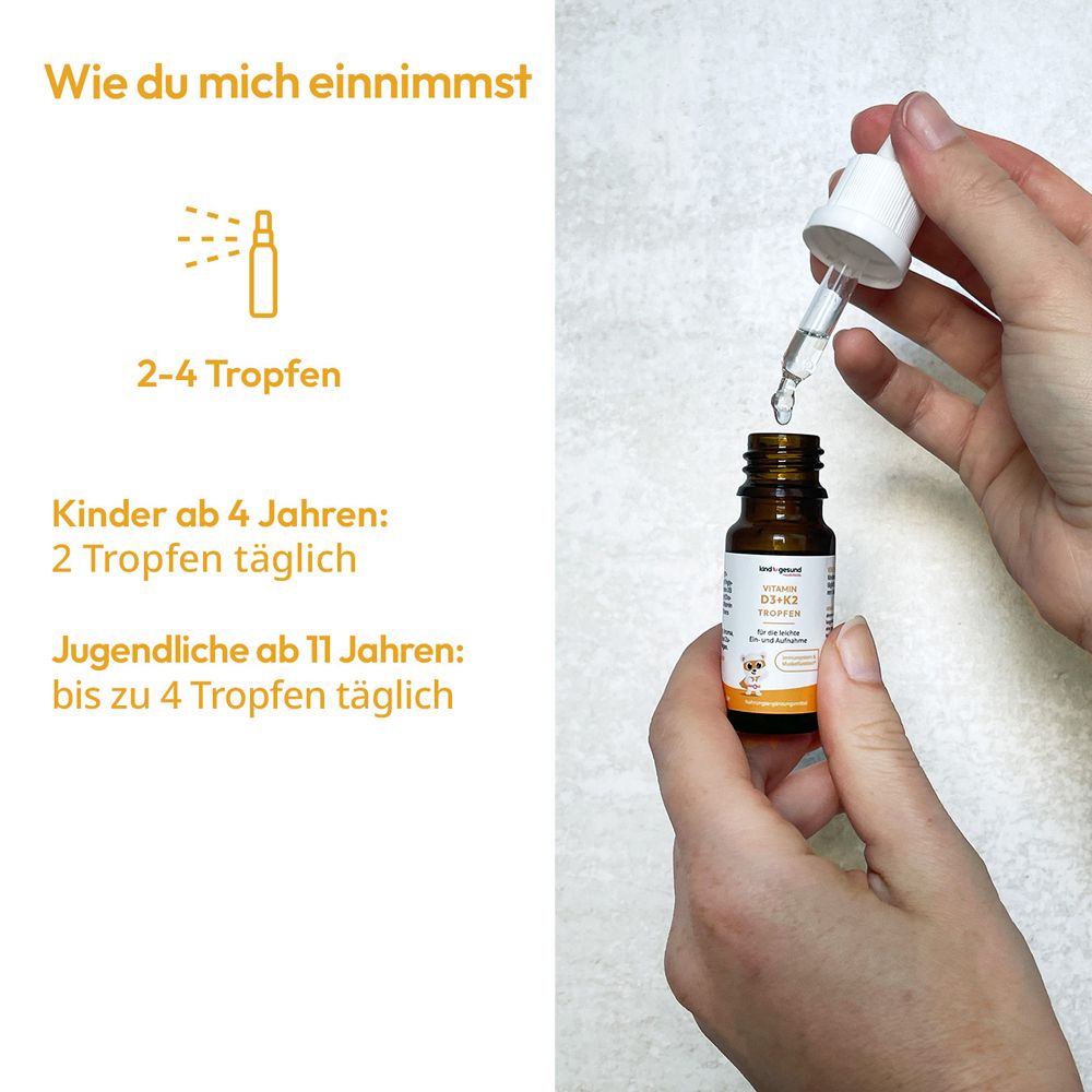 Hände mit Tropfflasche. Tropfen werden in Flasche gegeben. Text: 2-4 Tropfen. Für Kinder ab 4 Jahren: 2 Tropfen.