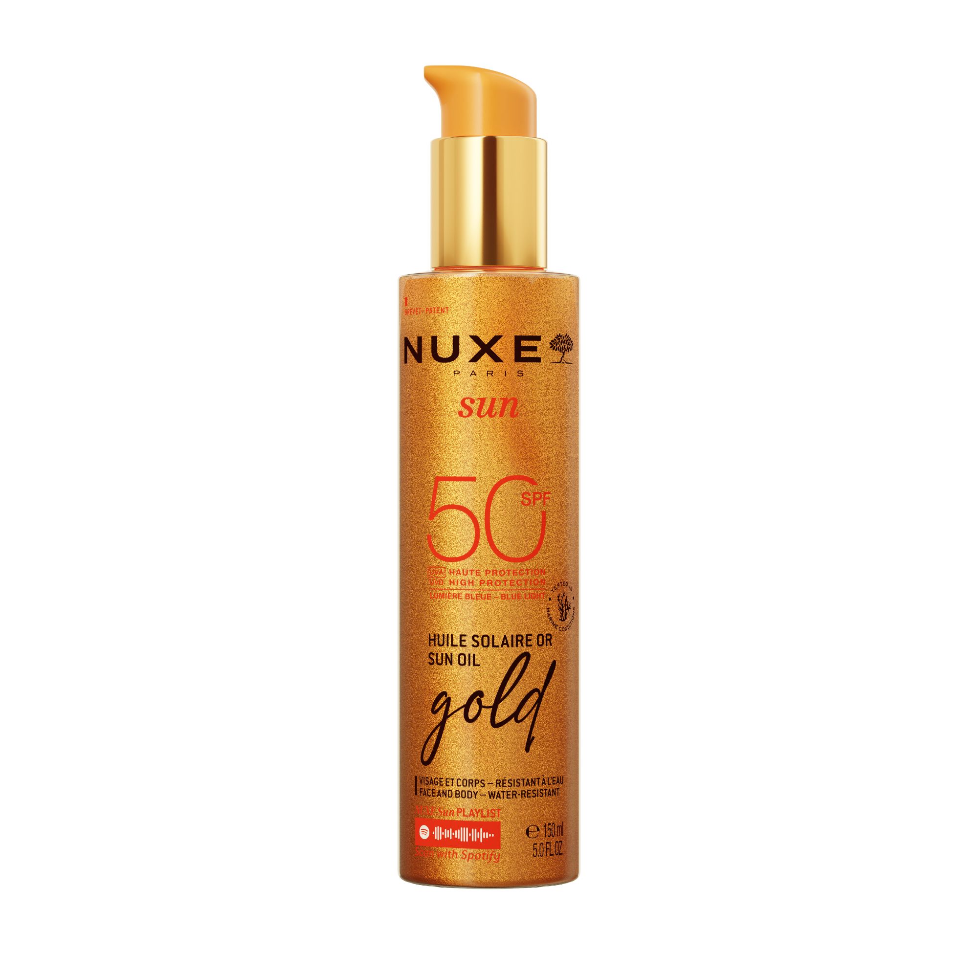 NUXE Sun Sonnenöl LSF 50 Flasche. Goldfarbenes Öl mit Pumpverschluss. Aufschrift: Sun, 50, Gold.
