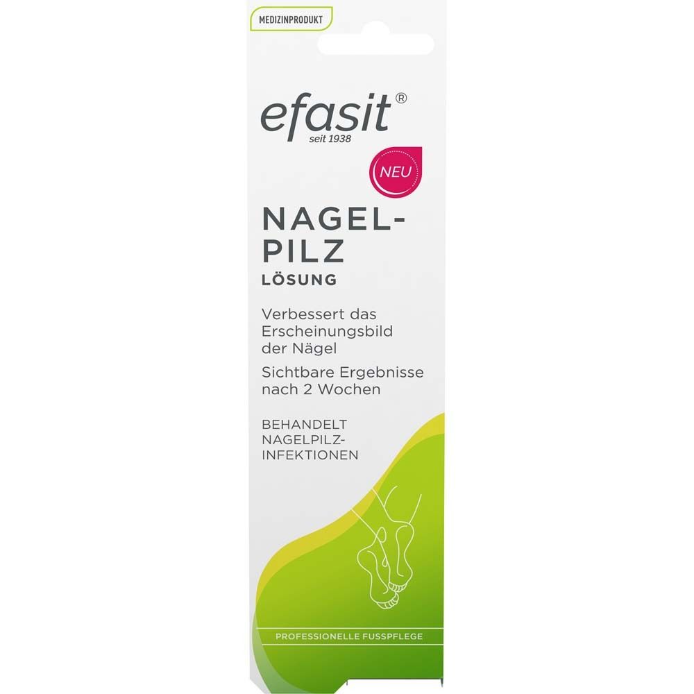 Verpackung von efasit® Nagelpilz Lösung. Produktinformationen, Logo und Illustrationen auf der Schachtel.