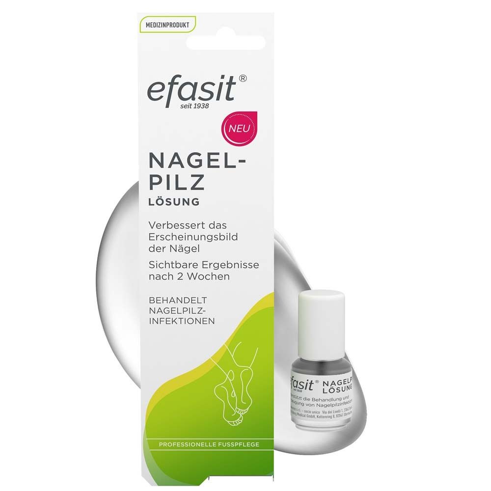 efasit® Nagelpilz Lösung und Verpackung. Flasche und Schachtel mit Produktinformationen und Logo.