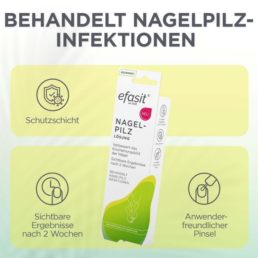 Infografik zu efasit Nagelpilz Lösung. Schutzschicht, sichtbare Ergebnisse nach 2 Wochen, anwenderfreundlicher Pinsel.