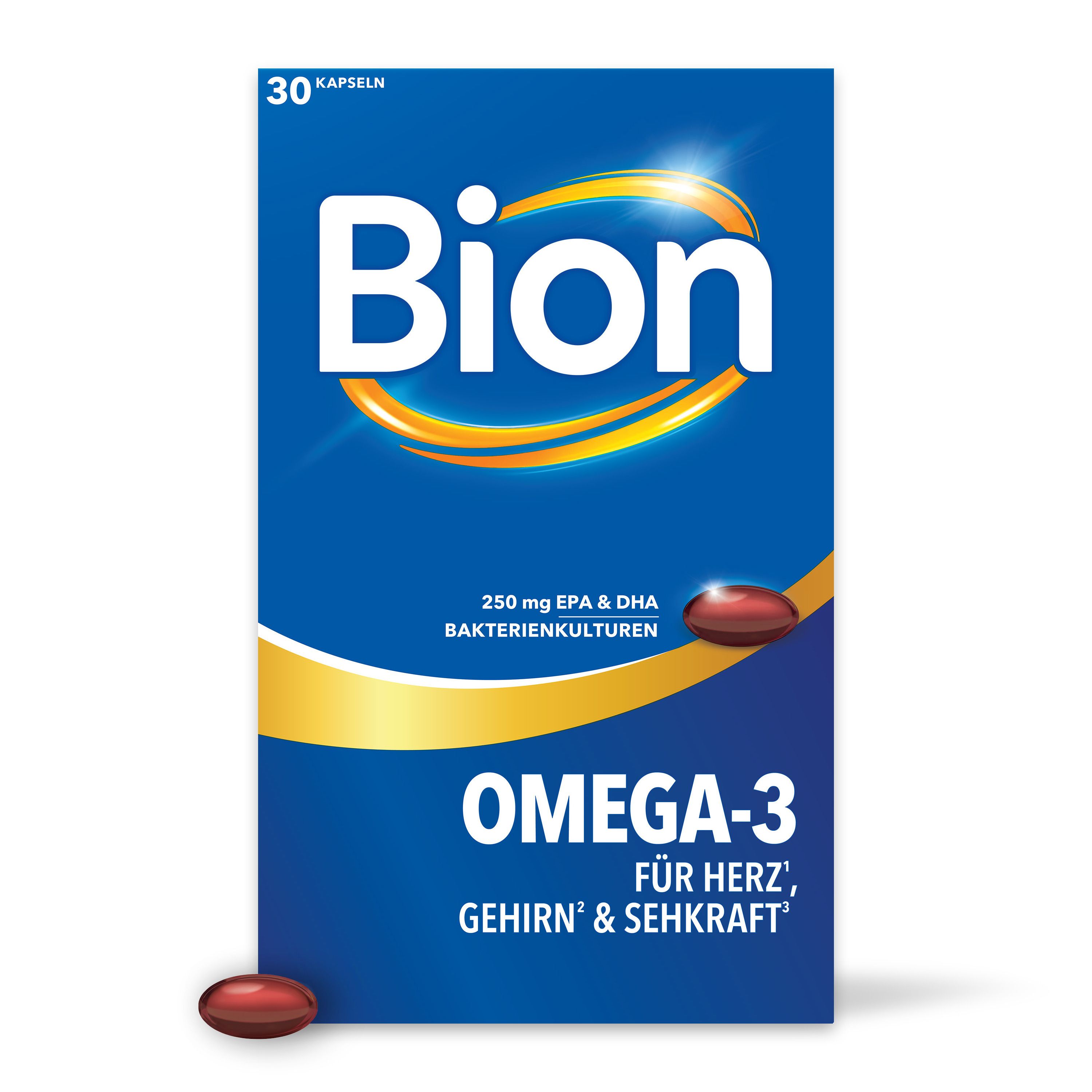 Blaue Verpackung mit Bion-Logo und Omega-3-Kapsel. Text: Omega-3, für Herz, Gehirn & Sehkraft. 30 Kapseln.