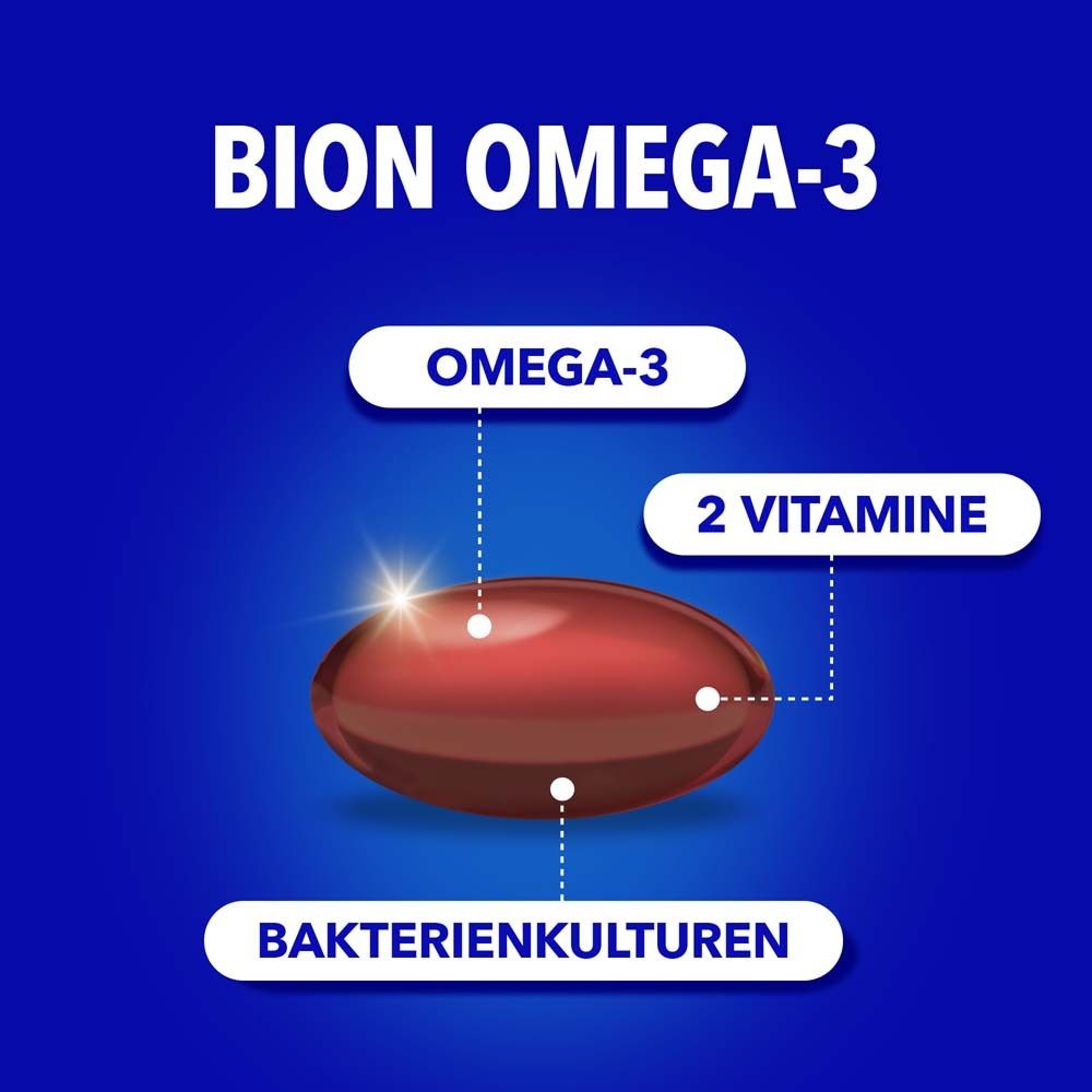 Braune Omega-3-Kapsel mit weißen Pfeilen und Text. Text: Omega-3, 2 Vitamine, Bakterienkulturen.