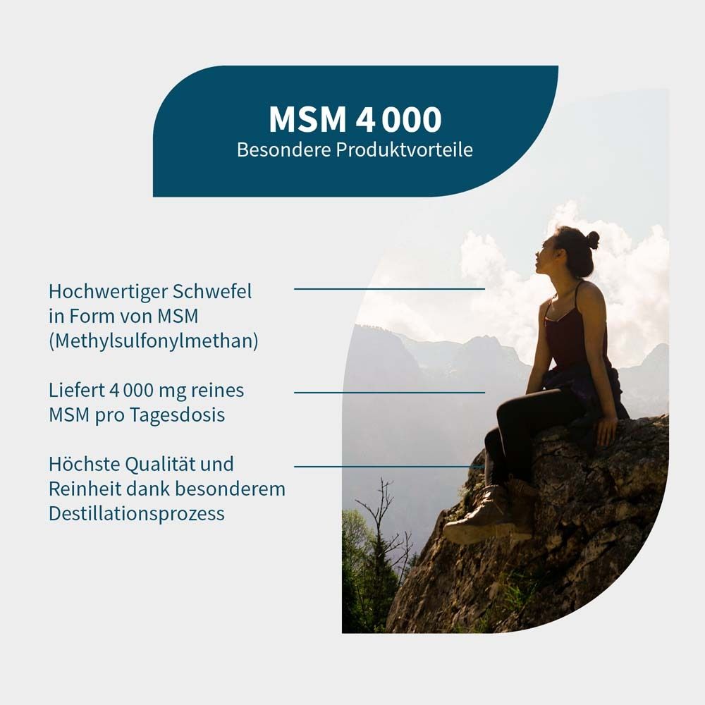 Grafik mit Frau auf Berg. Text: MSM 4000, Vorteile. Hochwertiger Schwefel, 4000 mg MSM, höchste Qualität durch Destillation.