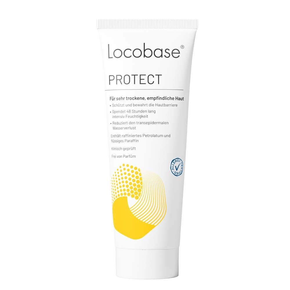 Creme-Tube mit Produktnamen und Logo. Gelb-weiße Farbgebung. Text für trockene, empfindliche Haut.