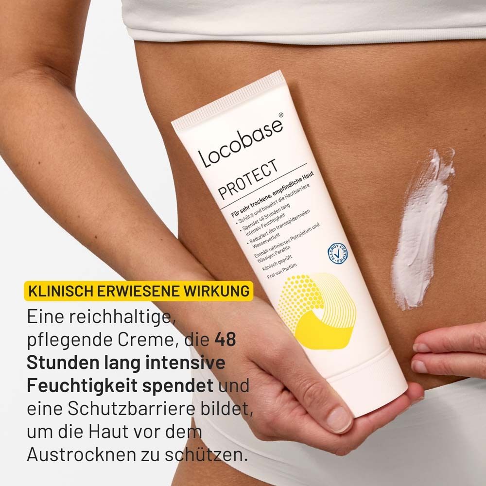 Person zeigt Creme auf Haut. Tube mit Produktnamen und Logo. Text: klinisch erwiesene Wirkung.