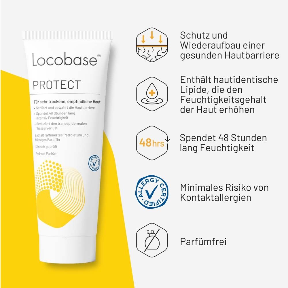 Produkt-Tube mit Text und Icons. Text: Schutz, Feuchtigkeit, reduziert Wasserverlust. Icons: 48h, Allergie-Zertifizierung.