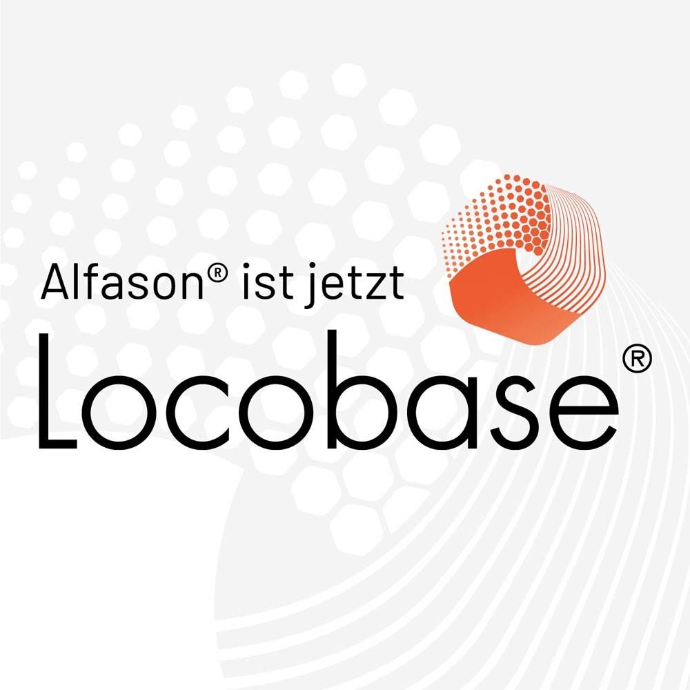 Logo: Locobase. Text: Alfason ist jetzt Locobase. Orange-weißes Design.