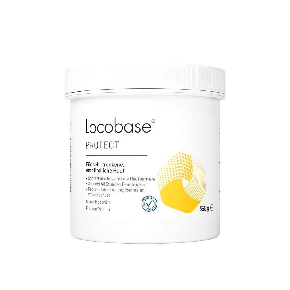 Weiße Dose Locobase® Protect. Text: Für sehr trockene, empfindliche Haut. 350g. Klinisch geprüft.