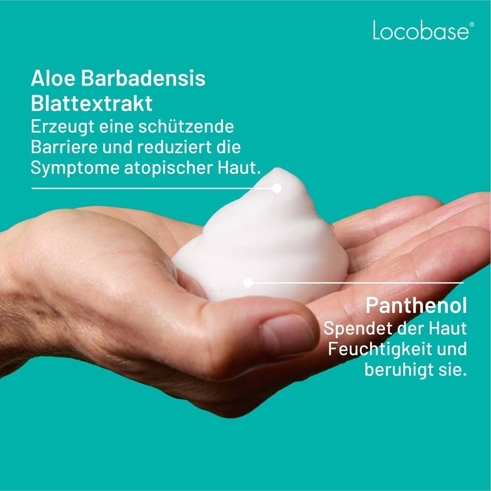 Hand mit Schaum. Text: Aloe Barbadensis Blattextrakt erzeugt eine schützende Barriere. Panthenol spendet Feuchtigkeit und beruhigt die Haut.