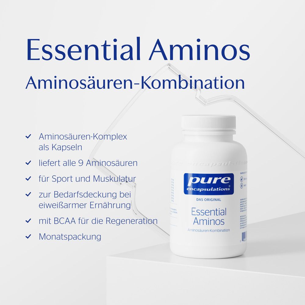 Text mit Aufzählungspunkten und einer Flasche Essential Aminos. Aminosäuren-Komplex als Kapseln.