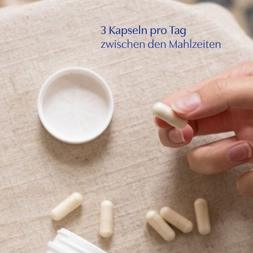 Hand hält Kapseln. Offener Deckel daneben. Text: 3 Kapseln pro Tag zwischen den Mahlzeiten.