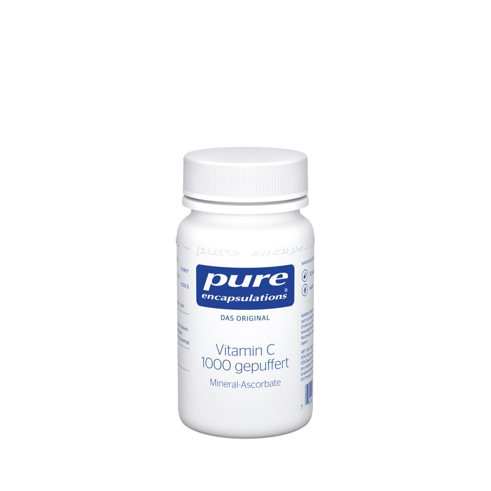 Weiße Flasche mit weißem Deckel. Aufschrift: pure encapsulations, Vitamin C 1000 gepuffert.