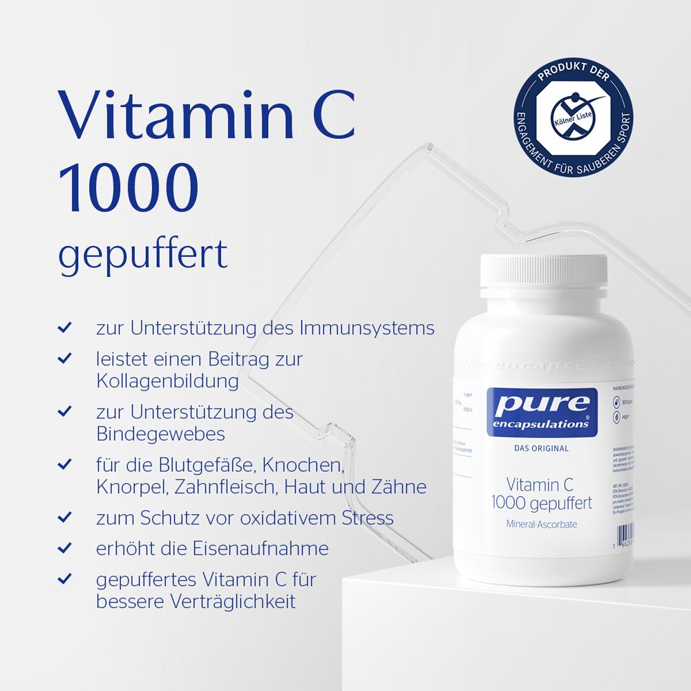 Weiße Flasche Vitamin C 1000 gepuffert. Text: Unterstützung Immunsystem, Beitrag Kollagenbildung, Schutz vor oxidativem Stress.