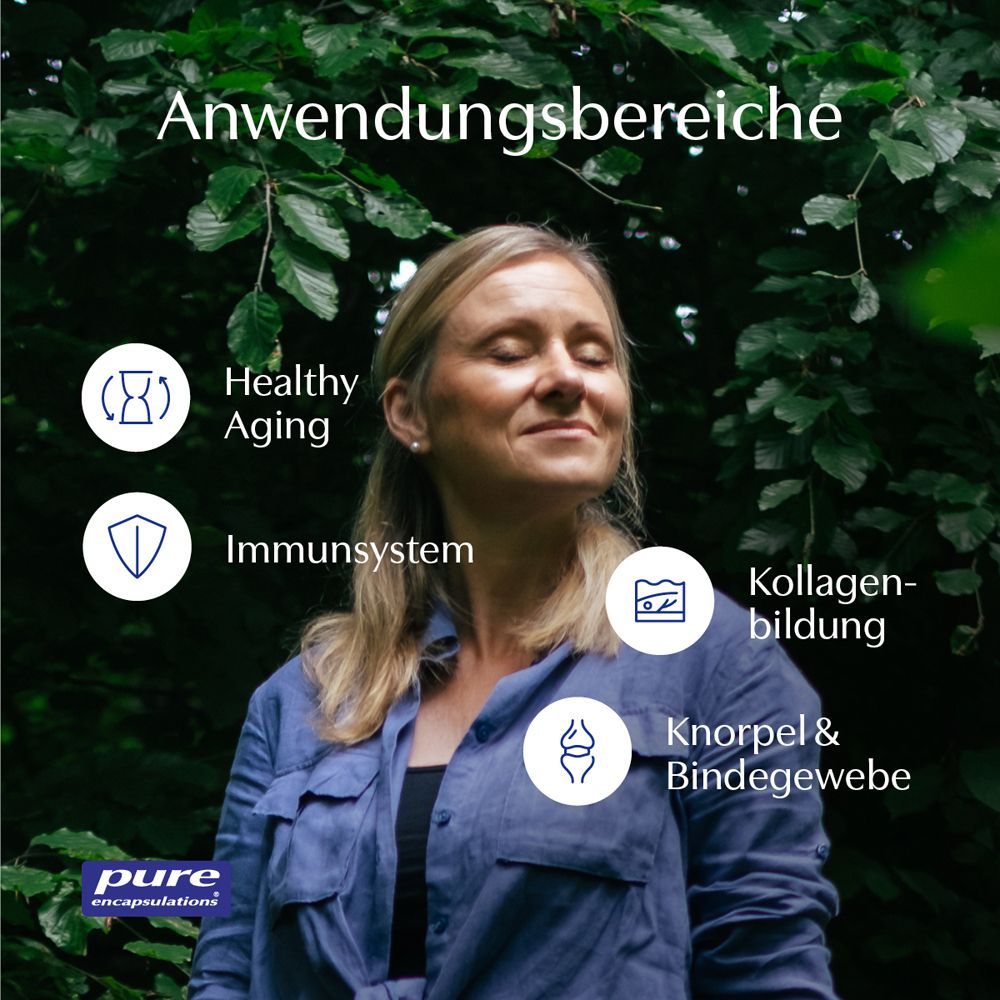 Frau im Freien. Anwendung: Healthy Aging, Immunsystem, Kollagenbildung, Knorpel & Bindegewebe. Marke: pure encapsulations.