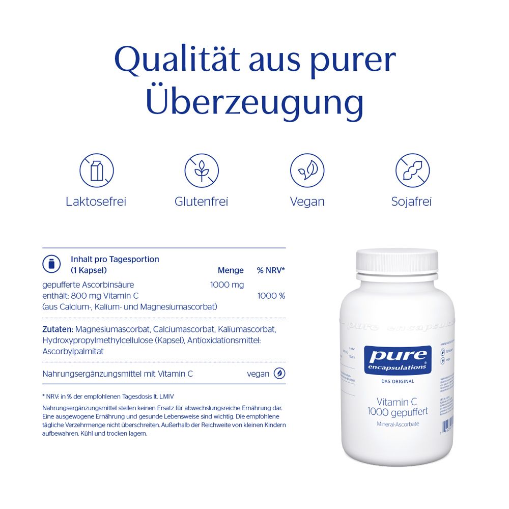 Weiße Flasche Vitamin C 1000 gepuffert. Text: Laktosefrei, glutenfrei, vegan, sojafrei. Inhaltsstoffe und Nährwertangaben.