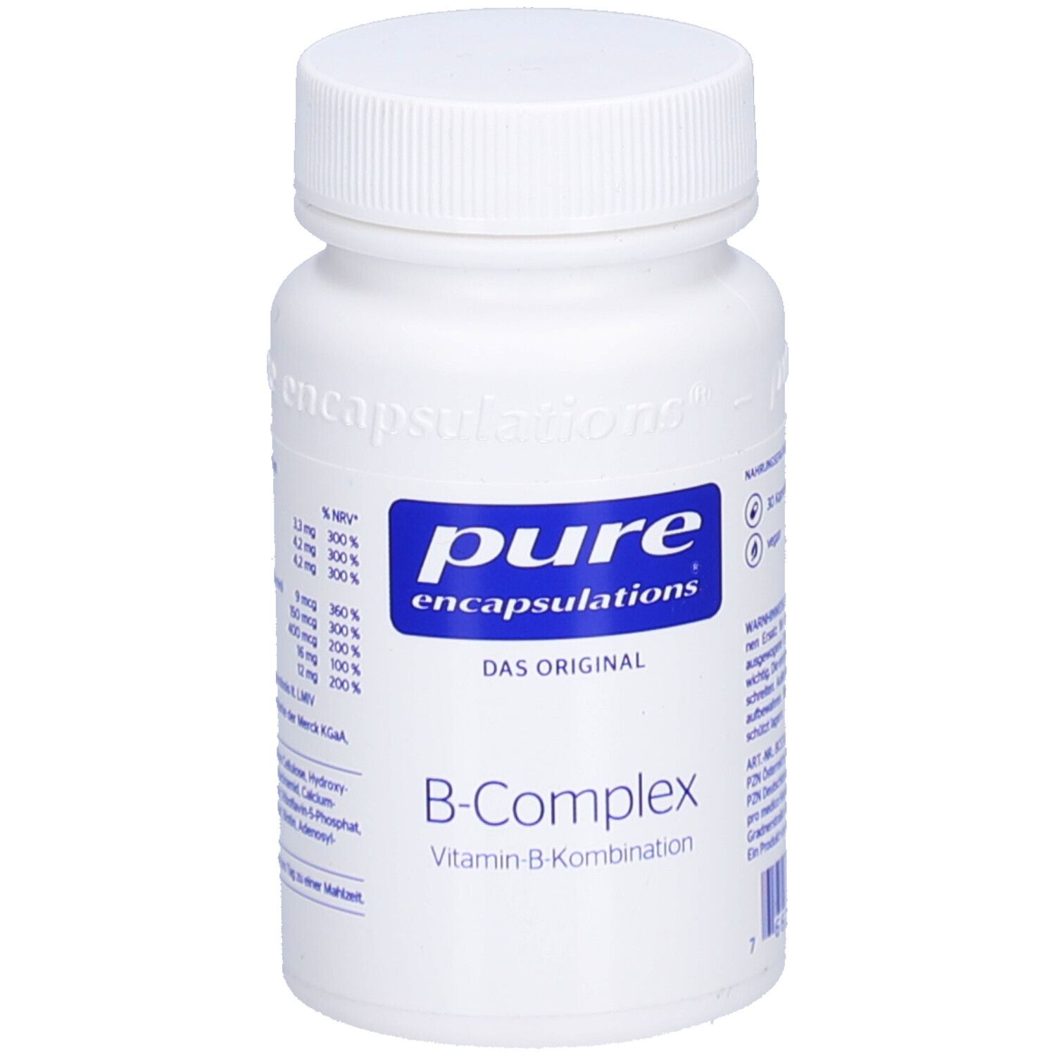 Weiße Flasche mit blauem Etikett. Aufschrift: pure encapsulations® B-Complex Vitamin-B-Kombination. Deckel oben.
