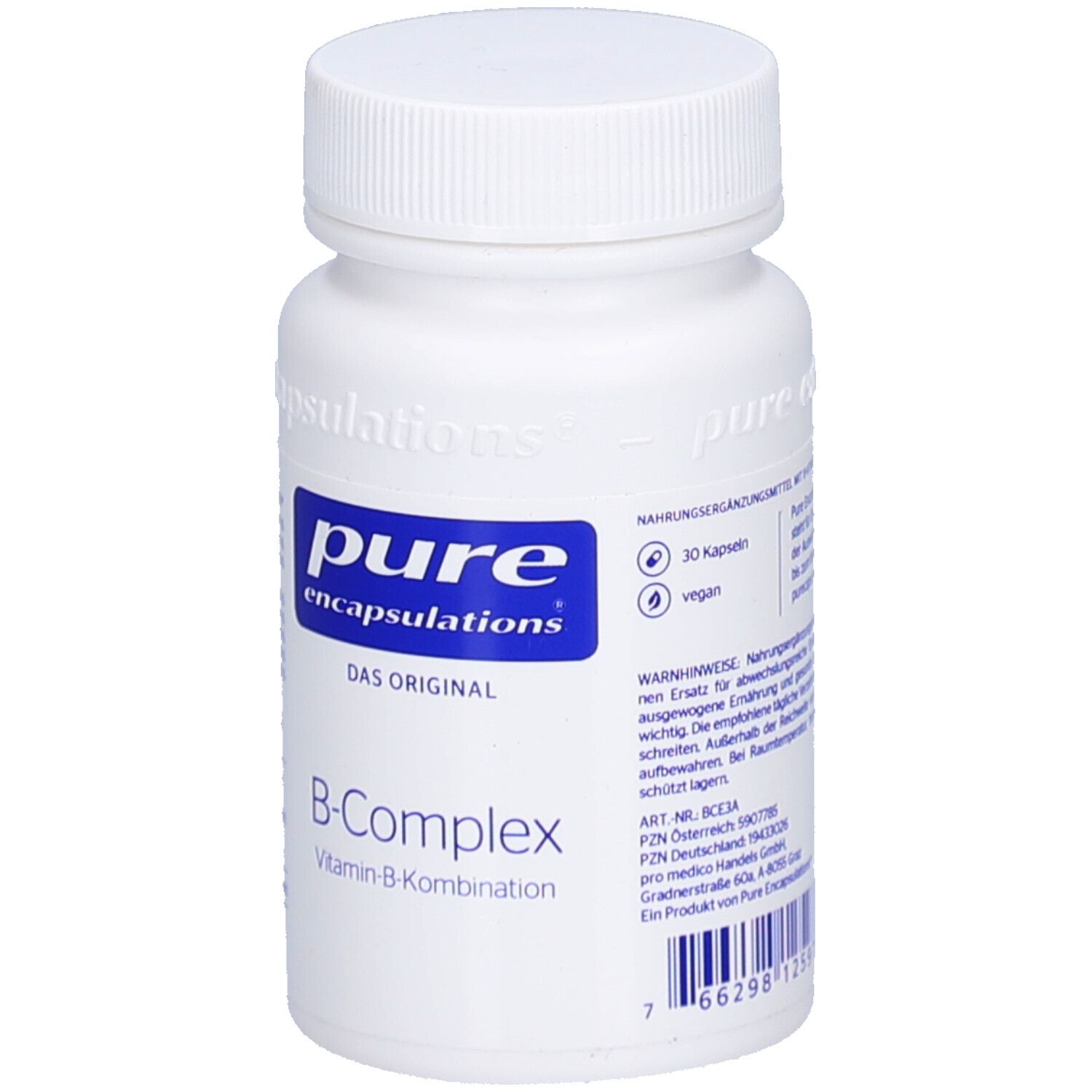 Weiße Flasche mit blauem Etikett. Aufschrift: pure encapsulations® B-Complex Vitamin-B-Kombination. 30 Kapseln.