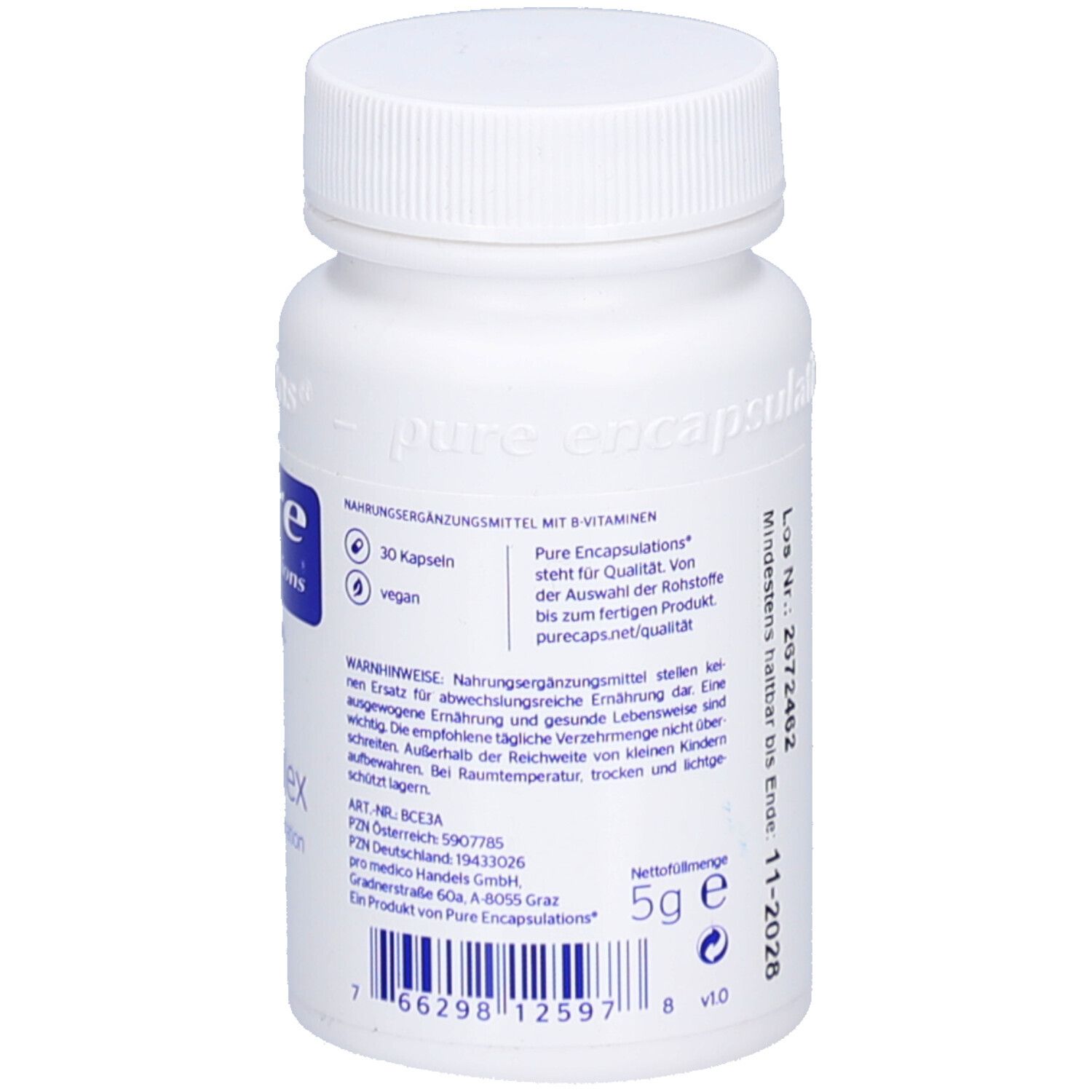 Weiße Flasche, Rückseite. Informationen zu Inhaltsstoffen, Warnhinweisen und Hersteller. Text in deutscher Sprache.