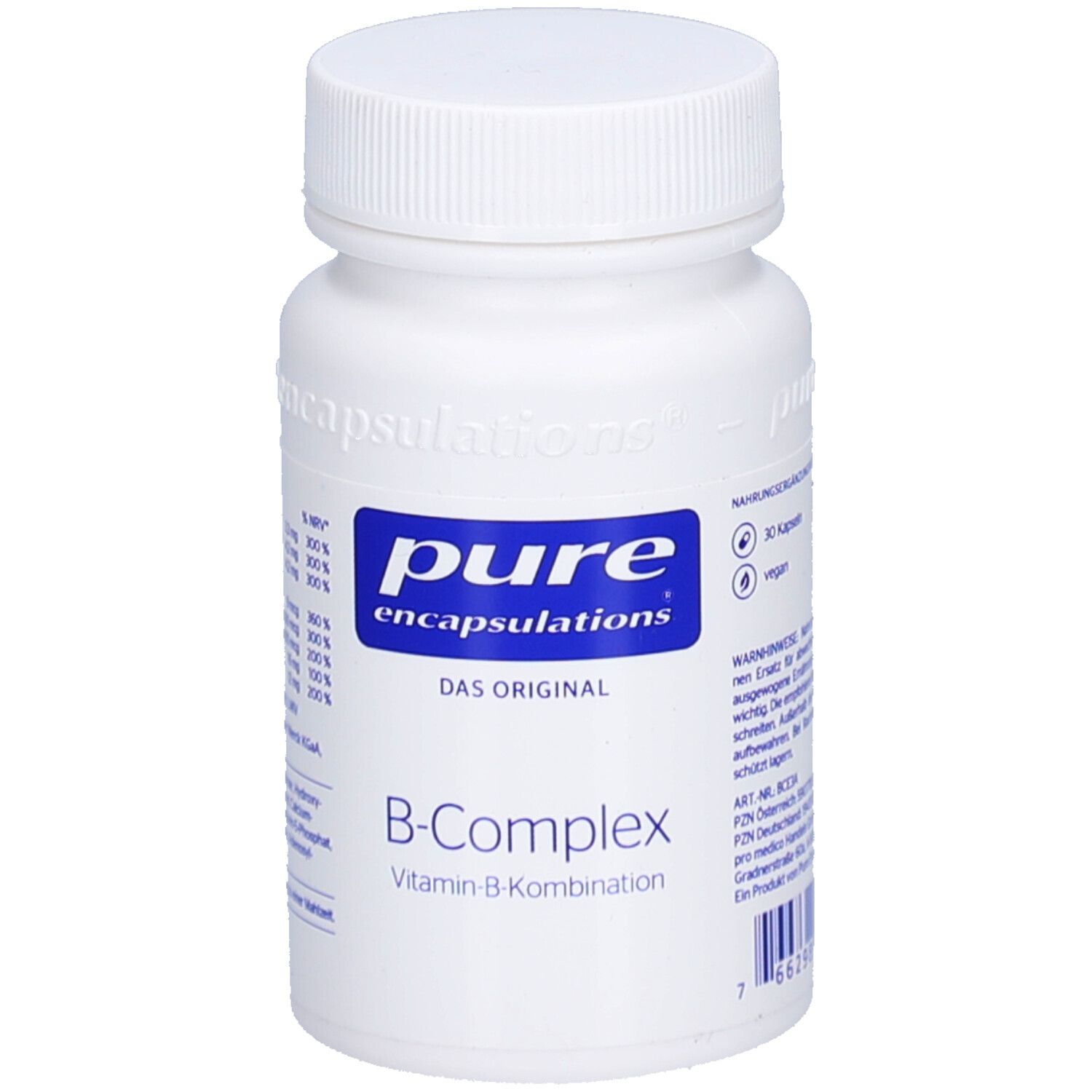 Weiße Flasche mit blauem Etikett. Aufschrift: pure encapsulations® B-Complex Vitamin-B-Kombination. 30 Kapseln.