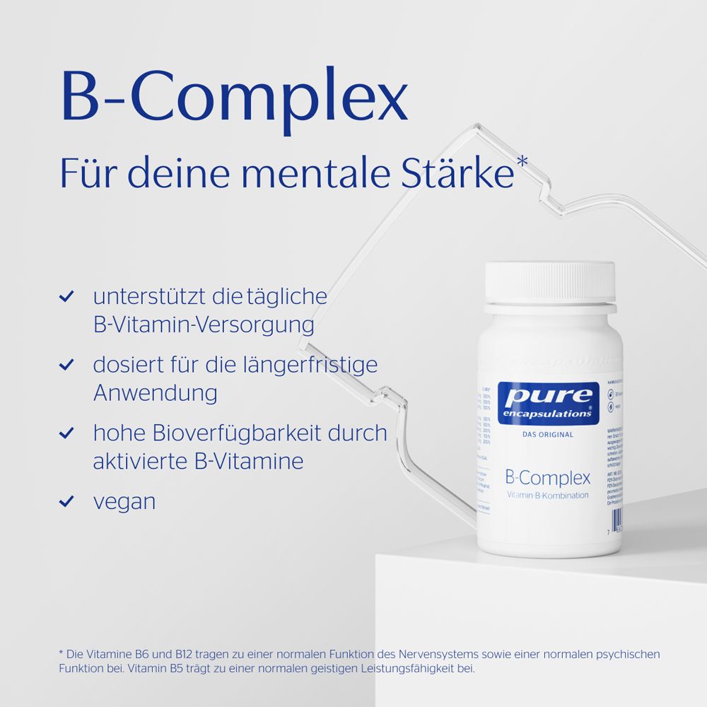 pure encapsulations® B-Complex Dose mit Text zu mentaler Stärke, täglicher Versorgung und veganer Formel.